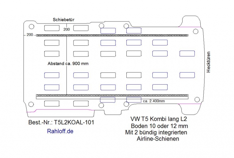 T5 - T6 Kombi Bodenplatte mit 2 Zurrleisten längs - L2 lang KO T101