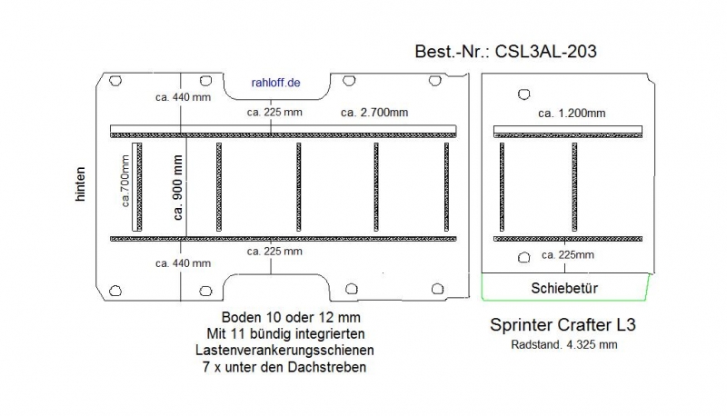 Crafter Sprinter Bodenplatte mit 11 Zurrleisten längs und quer - L3 T203