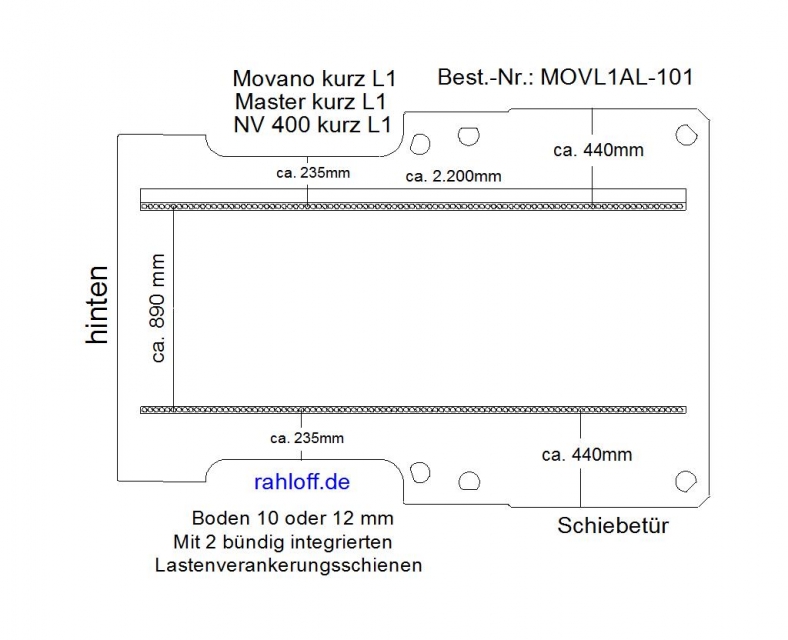 Movano NV400 Master Bodenplatte mit 2 Ladungssicherungs - Schienen - L1 kurz - T101