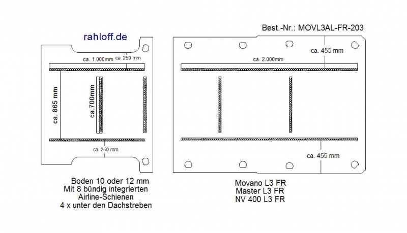 Movano Master NV400 Boden mit 8 Ladungssicherungs-Schienen längs + quer - L3 lang T203