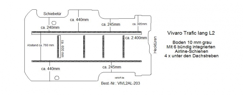 Trafic Vivaro Boden mit 6 Zurrschienen längs und quer - L2 alt T203