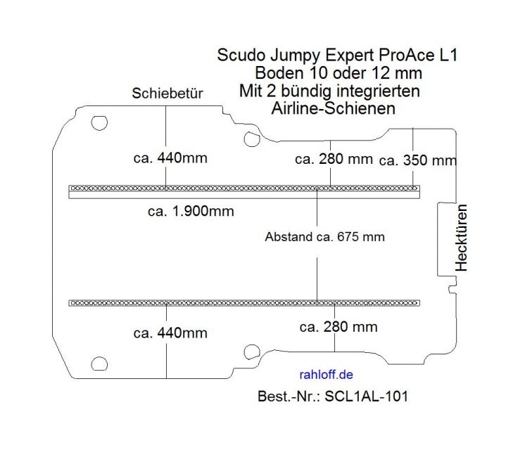 Scudo Expert Jumpy ProAce Boden mit 2 Zurrschienen längs - L1 kurz T101