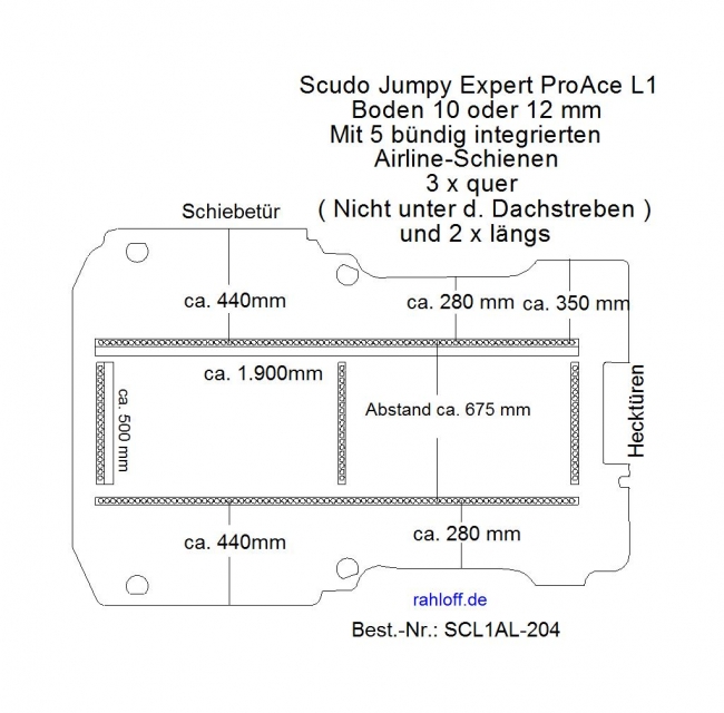 Scudo Expert Jumpy ProAce Boden mit 5 ZUrrleisten längs und quer - L1 T204