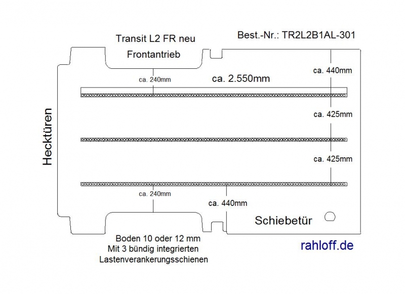 Transit Bodenplatte mit 3 Zurrleisten längs - L2 FR T301