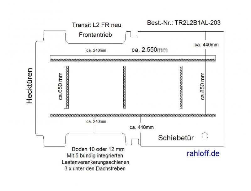 Transit Bodenplatte mit 5 Zurrleisten längs und quer - L2 FR T203
