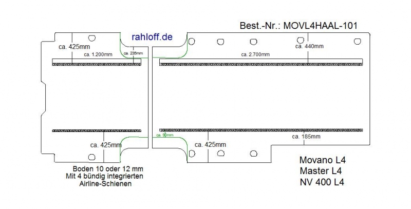 Master NV400 Movano Bodenplatte mit 4 Ladungssicherungs-Schienen länga - L4 extralang T101