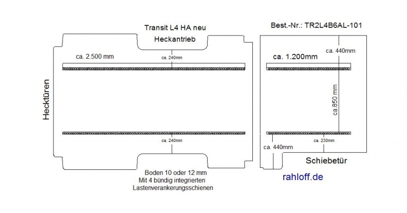 Transit Boden mit 2 Ladungssicherungs- Schienen längs - L4 - T101
