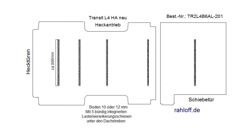 Transit Boden mit 5 Ladungssicherungs- Schienen quer - L4 - T201