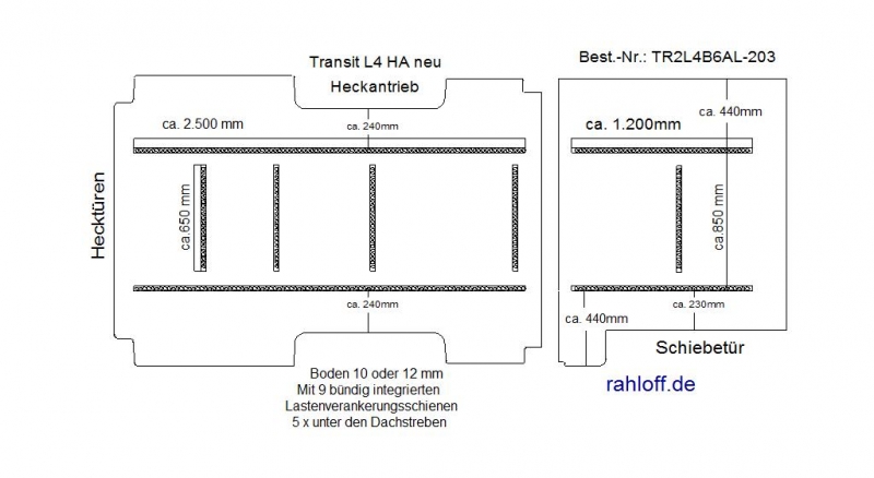 Transit Boden mit 9 Ladungssicherungs- Schienen längs + quer - L4 - T203