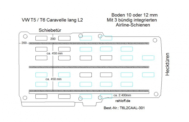 T5 - T6.1 Caravelle Boden mit 3 Zurrschienen längs - L2 lang T301