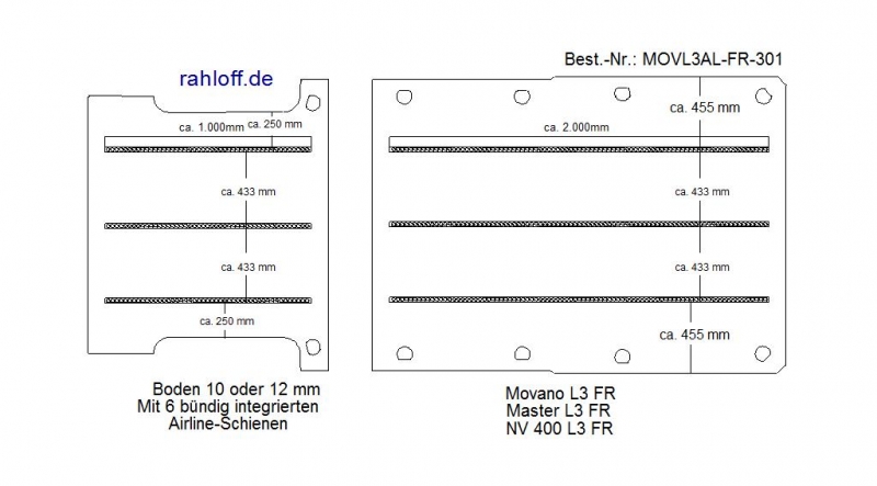 Movano Master NV400 Boden mit 6 Ladungssicherungs-Schienen längs - L3 lang T301