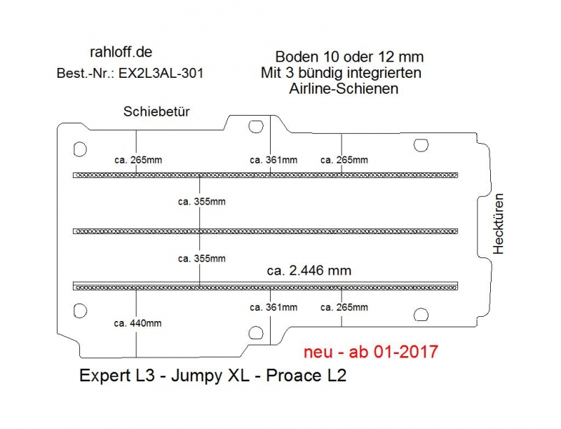 Peugeot Expert L3, Boden mit 3 Ladungssicherungs-Schienen L3 neu T301