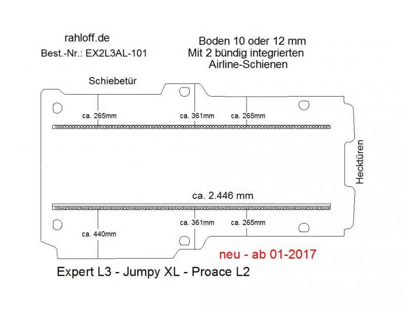 Toyota ProAce L2, neu ab 06-2016,  Boden mit 2 Ladungssicherungs-Schienen  T101