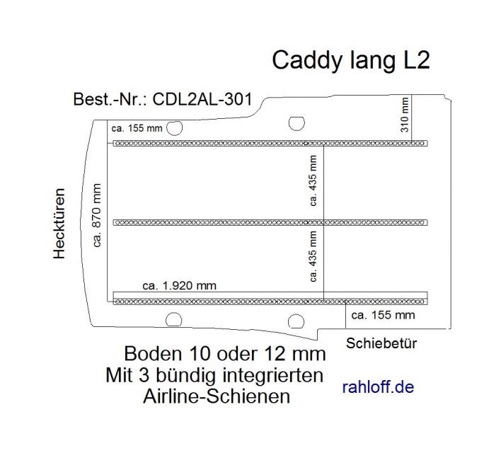 Caddy Boden mit 3 Zurrleisten längs  - L2 lang T301