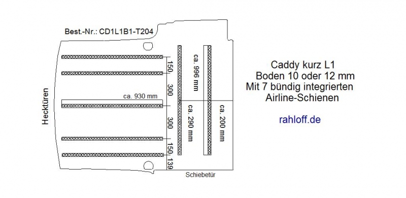 Caddy Bodenplatte mit 7 Zurrleisten längs + quer - L1 kurz T204