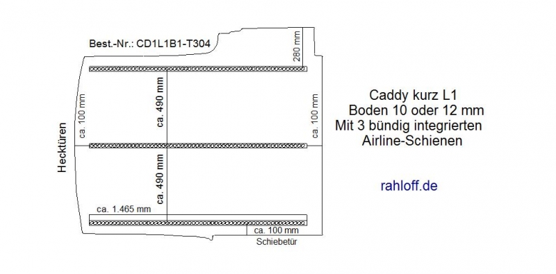 Caddy Bodenplatte mit 3 Zurrleisten längs - L1 kurz T304