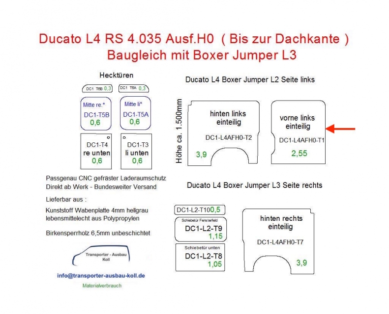 Ducato Boxer Jumper Laderaumverkleidung Seite links vorne einteilig Teil 1 - Ausführung H0 (bis zur Dachkante)