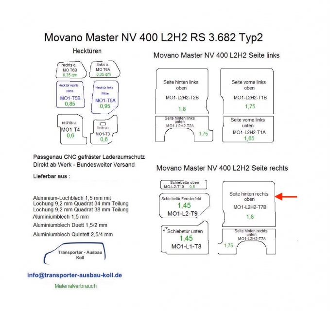 Movano Master NV 400 L2/H2 Laderaumverkleidung Seite hinten rechts oben Teil 7B