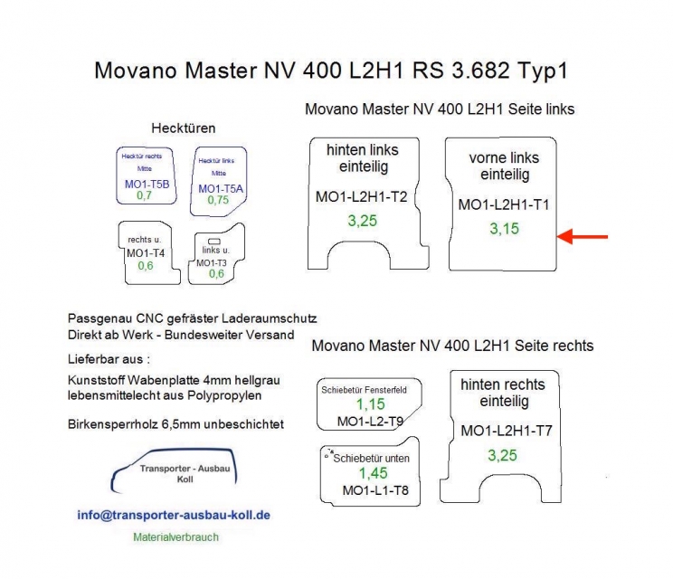 Movano Master NV 400 L2/H1 Laderaumverkleidung Seite links vorne einteilig Teil 1